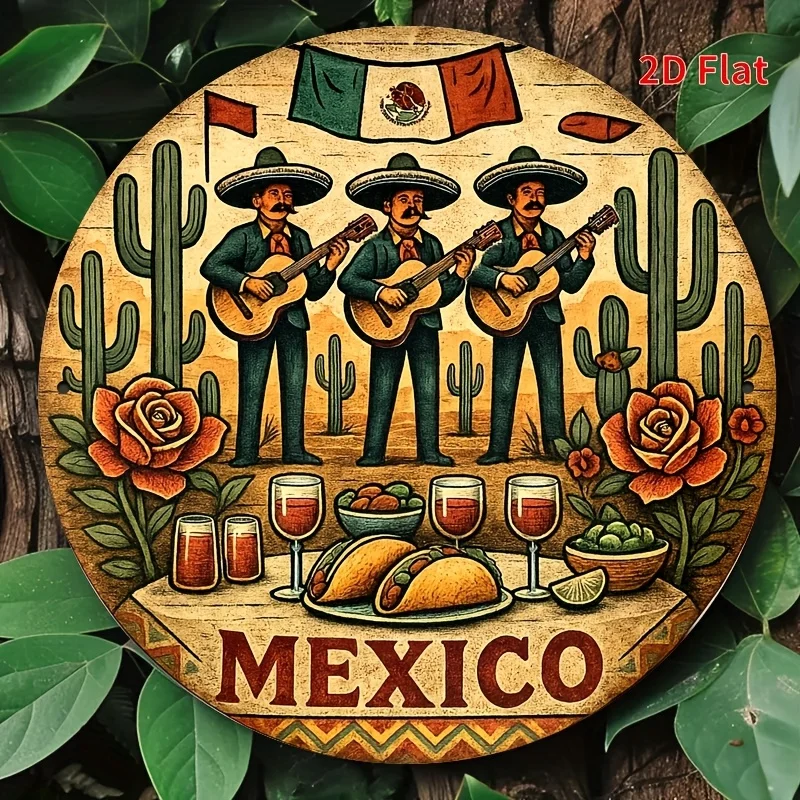 2D Flat Vintage Mexico Mexican Fiesta Sombrero Guitar Cactus Food Round Wooden Sign, Rustic Country Wall Art, Latin Festival Dec