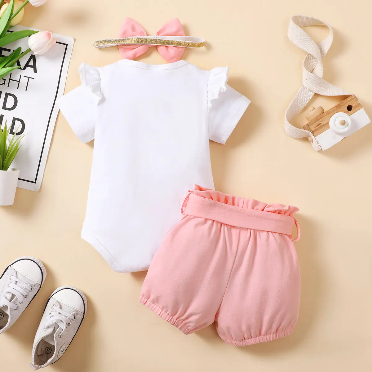 3PCS Newborn Baby Girl Clothes Set Short Sleeve Cute Kitten Bodysuit +Shorts+Headband Summer Outfit for Toddler Girl 0-18 Months