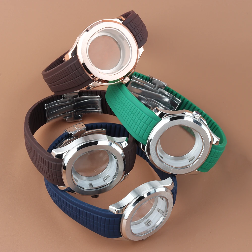 

Rose gold/Silver 42mm NH35 Case Strap Fit Aquanaut Case Waterproof Rubber Bracelet Fit Nautilus Seiko HH35 NH36 NH38 Movement