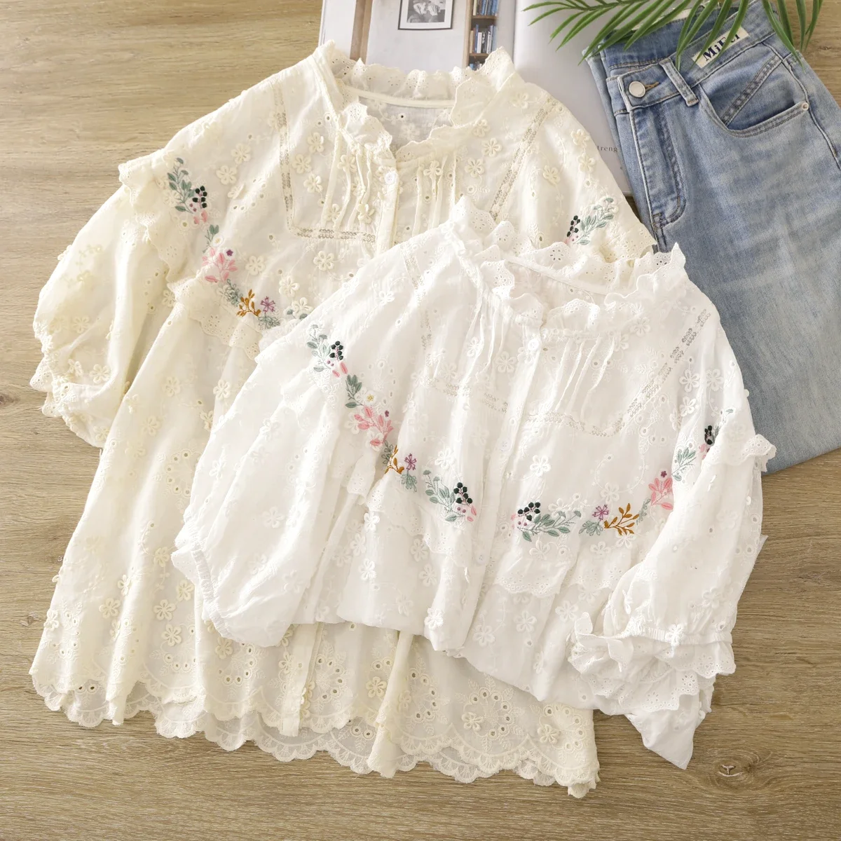 Summer Female Rococo Style Sweet Floral Embroidery Puff Sleeve Shirt Vintage Retro Cotton Ruffled Lace Cottagecore White Blouse