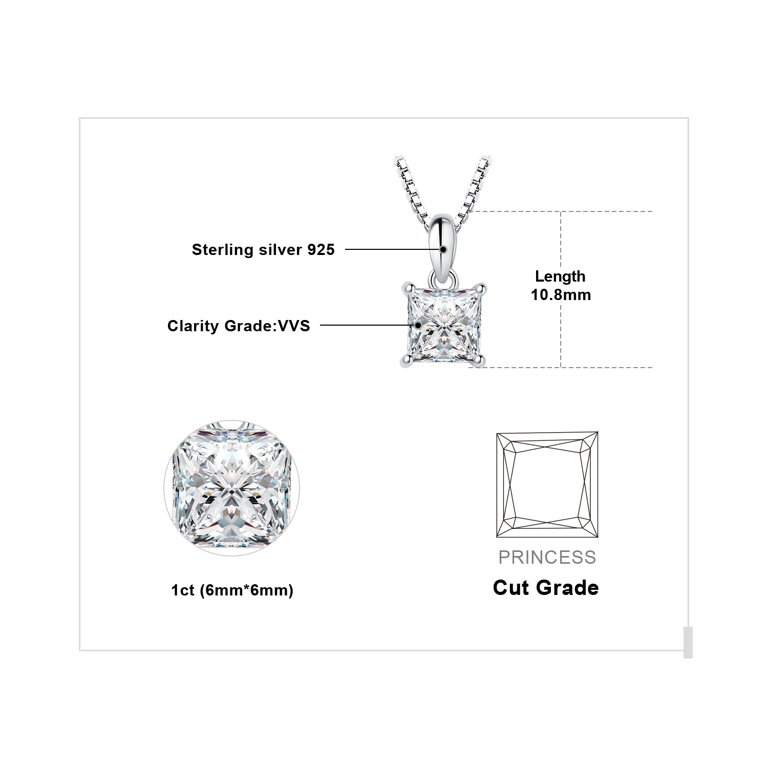 JewelryPalace 5A CZ 1ct Princess 925 Sterling Silver Pendant Necklace for Woman Lady Girl No Chain Fashion Birthday Gift