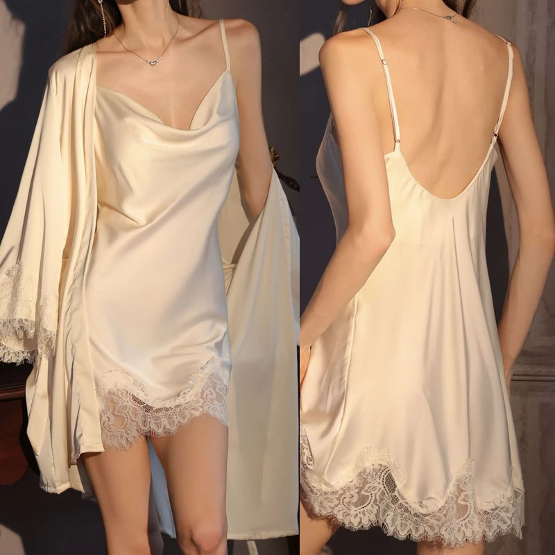 

Summer New Suspender Nightgown Robe 2PCS Set Sexy Patchwork Lace Lingerie Nightdress Loose Casual Silk Satin Homewear Loungewear
