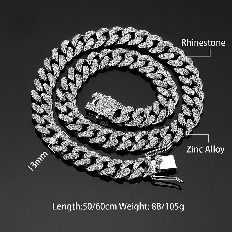 Hip Hop Shiny 13MM Cuban Link Chain Necklace Women Men Silver Color Rhinestone Iced Out Cuban Chain Punk Jewelry Necklace Gift