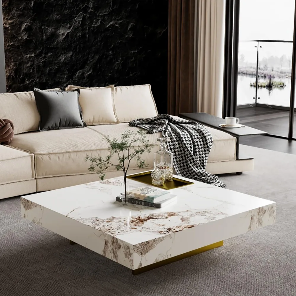 طاولة قهوة حديثة لغرفة المعيشة، طاولة غرفة معيشة مربعة كبيرة 43.31 بوصة، سطح طاولة من الحجر الملبد مع أرجل من الفولاذ المقاوم للصدأ باللون الذهبي