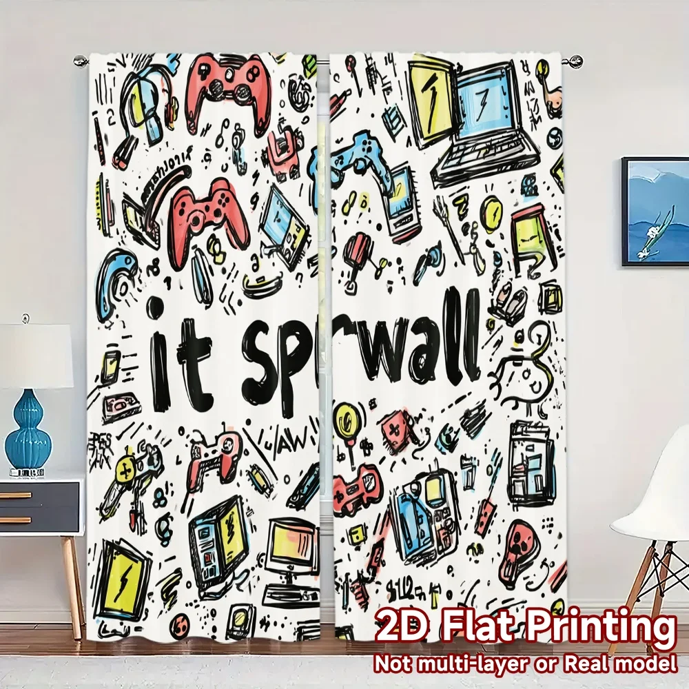 2D Flat Printing,JIT 2pcs, Curtains (Without Rod) Gadget Doodles Creative Modern Curtains Versatile Polyester Fabric Curtains