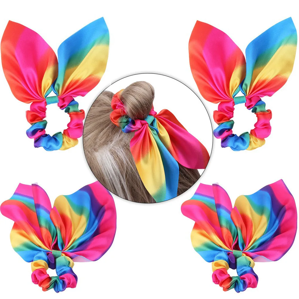 Hair Accessories with Bow Hair Ties Girls Women Elastic Hair Rubber Bands Elastic Rainbow Ribbon Hair Scrunchie Ponytail Holders