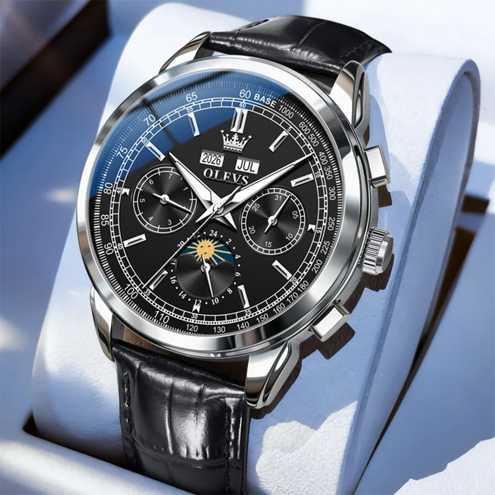

OLEVS Perpetual Calendar Automatic Watch for Men Leather Strap Waterproof Moon Phase Watches Luxury Men's Mechanical Wristwatch