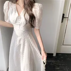 Elegant V-neck Midi Dress Women Summer Puff Sleeve White Casual Party Dress Female Office Kawaii Lace One-piece Dress Korean Y2k