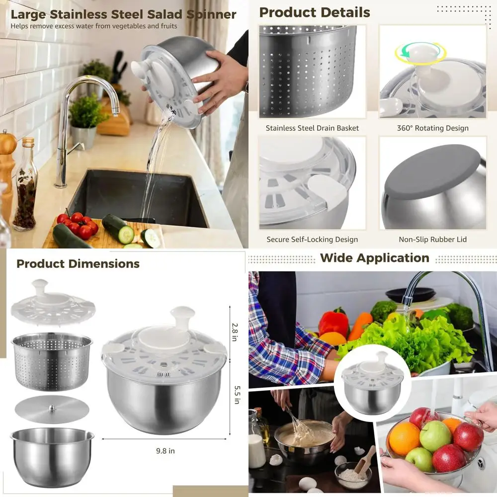 

Stainless Steel Salad Spinner Set with Locking Lid for Lettuce, Vegetables, and Fruits