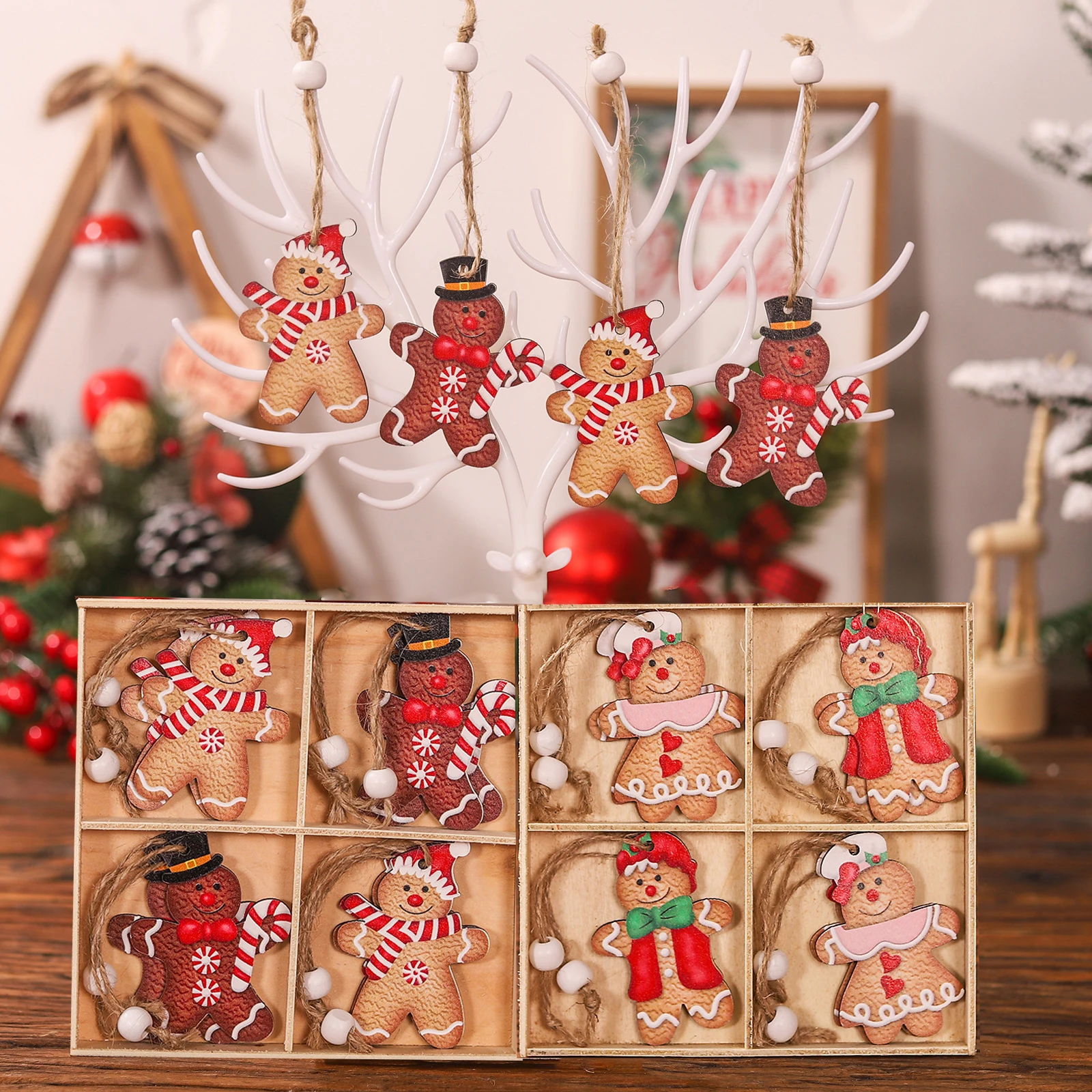 12pcs Christmas Wooden Gingerbread Man Ornaments For Xmas Tree Hanging Pendant Christmas Decoration for Home New Year Navidad