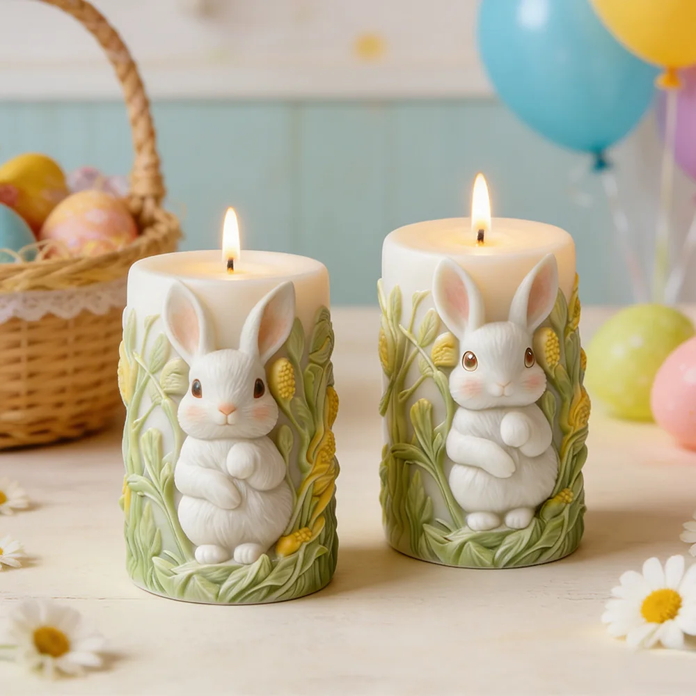 

Rabbit Flowers Embossed Candle Molds DIY Easter Decorative Aromatherapy 3D Bunny Cylinder Candle Plaster Mold Resin Mould