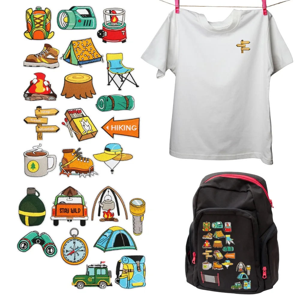 

Campervan Embroidery Patch Explorer Stickers Tent Decoration Telescope Pasted Iron on Patches for Clothes Appliques for Clothing