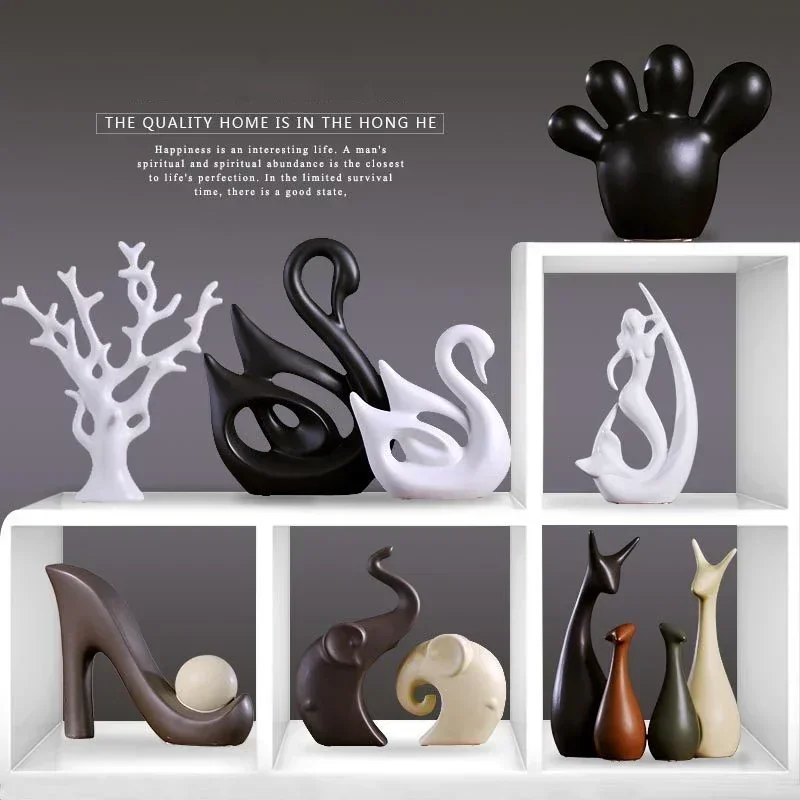 Nordic Ceramic Swan Deer Figurines Crafts Decoration Home Livingroom Desk Fengshui Animal Sculpture Store Club Ornaments Statues