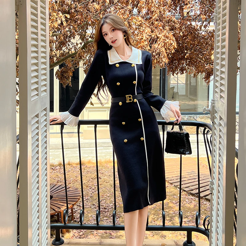 벨트가 달린 빈티지 니트 드레스 여성 더블 브레스트 긴 소매 드레스 스타일리시 우아한 시크 패션 여성 의류