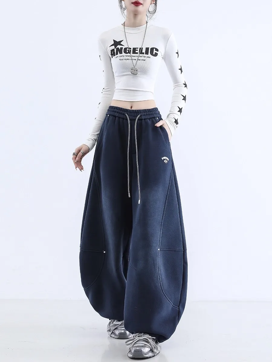 

Women's Fleece Lined Wide Leg Pants Autumn Winter Fashion Anti Aging American Retro Loose Casual Long Trousers Commute