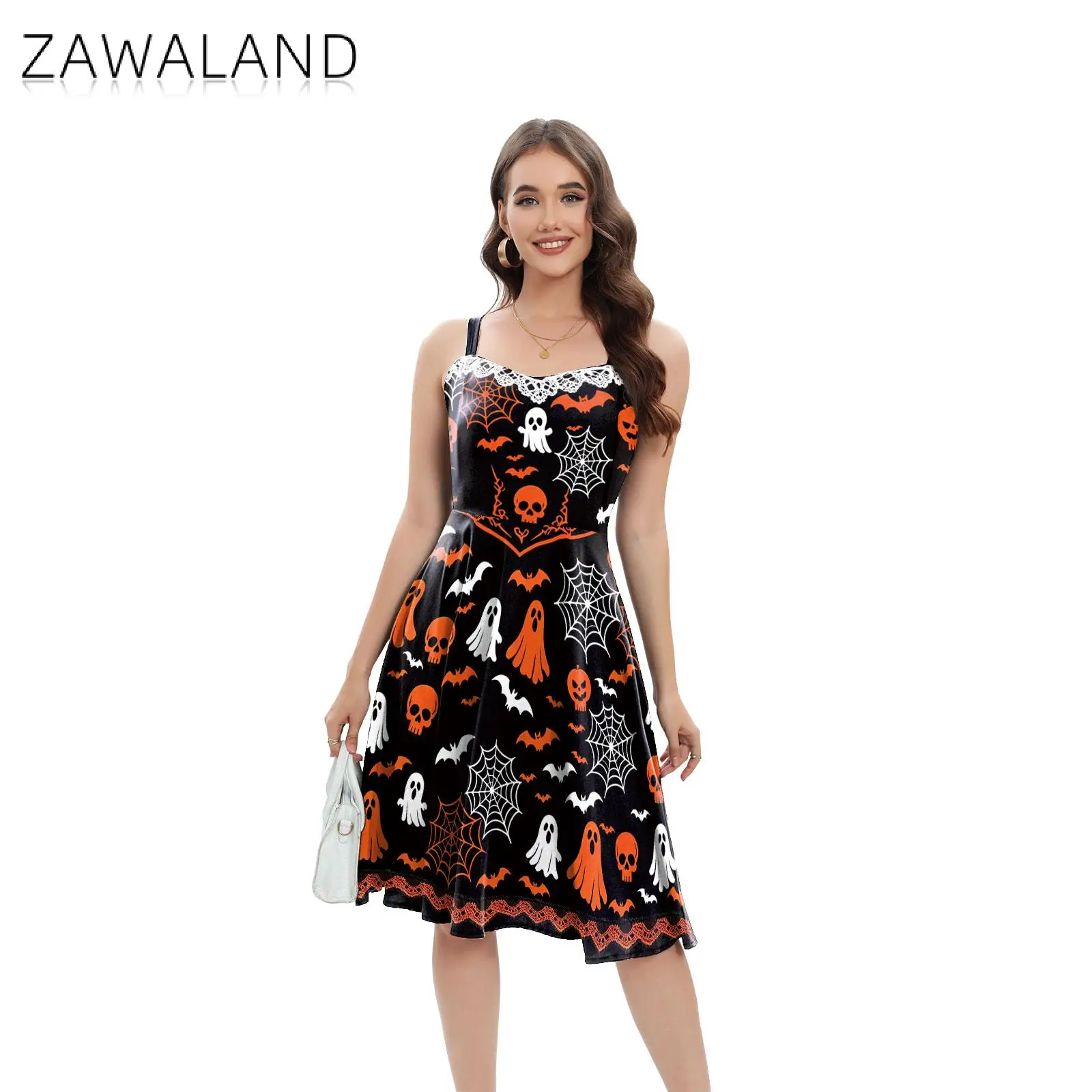 Zawaland Halloween Dress for Women Spooky Ghost Pumpkin Bat Print Sleeveless A-Line Dress Party Halloween Night Fancy Dress - view 4