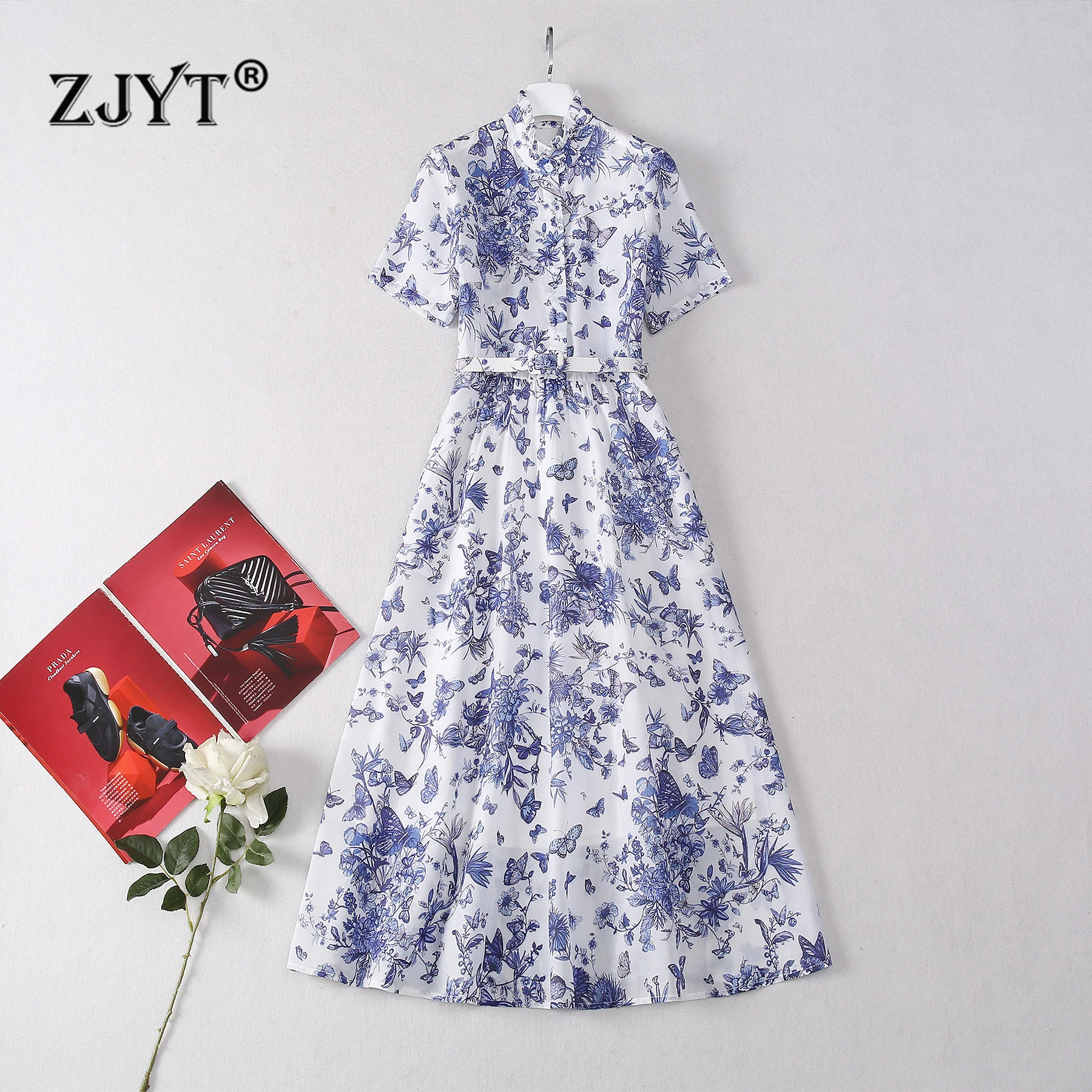 

ZJYT Runway 2024 Fashion Summer Midi Dresses Women Short Sleeve Butterfly Print Daily Casual Dress Blue Vestidos with Belt