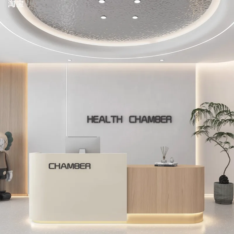 مكاتب استقبال ذات تصميم بسيط، شركة جمالية بسيطة، أرفف مكاتب حديثة لصالونات التجميل، مكتب ترحيب، أثاث تجاري