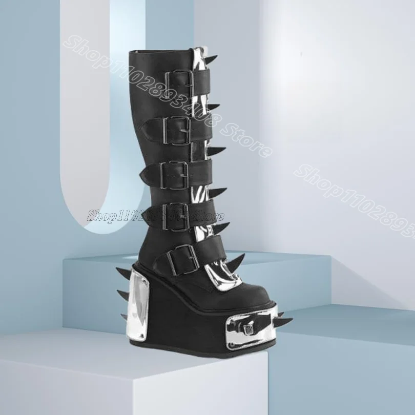 

Black Rivet Square Buckle Decor Boots Wedges Heels Punk Style Fashion Women Party Casual Short Boots 2025 Zapatos Para Mujere