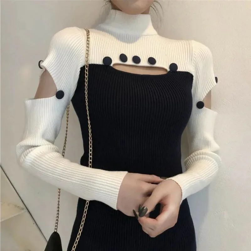 Knitted Sweater Dress Women's 2025 Autumn Winter Turtleneck Sweater Splicing Long Sleeve Sexy Hollow Slim Bottom Bag Hip Skirt