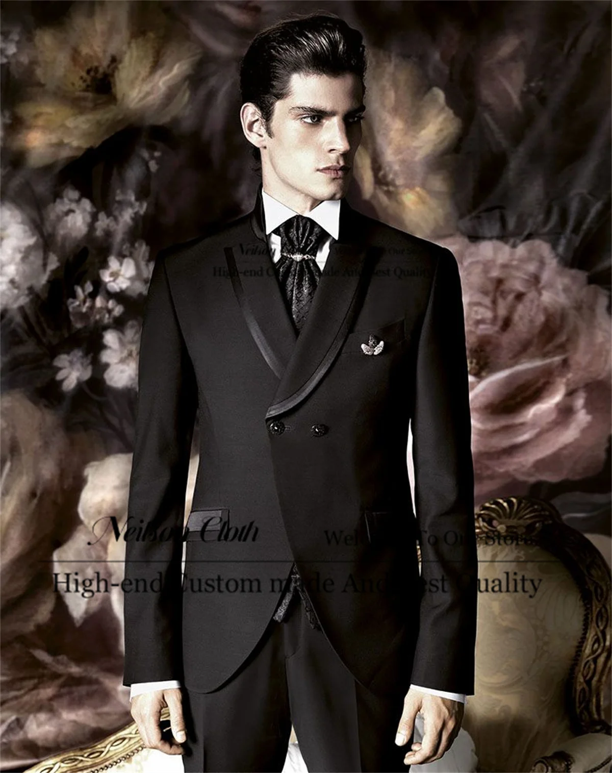 

Business Double Breasted Male Prom Blazers 2 Pieces Sets Black Groom Wedding Tuxedos Customized Stand Collar Costume Homme