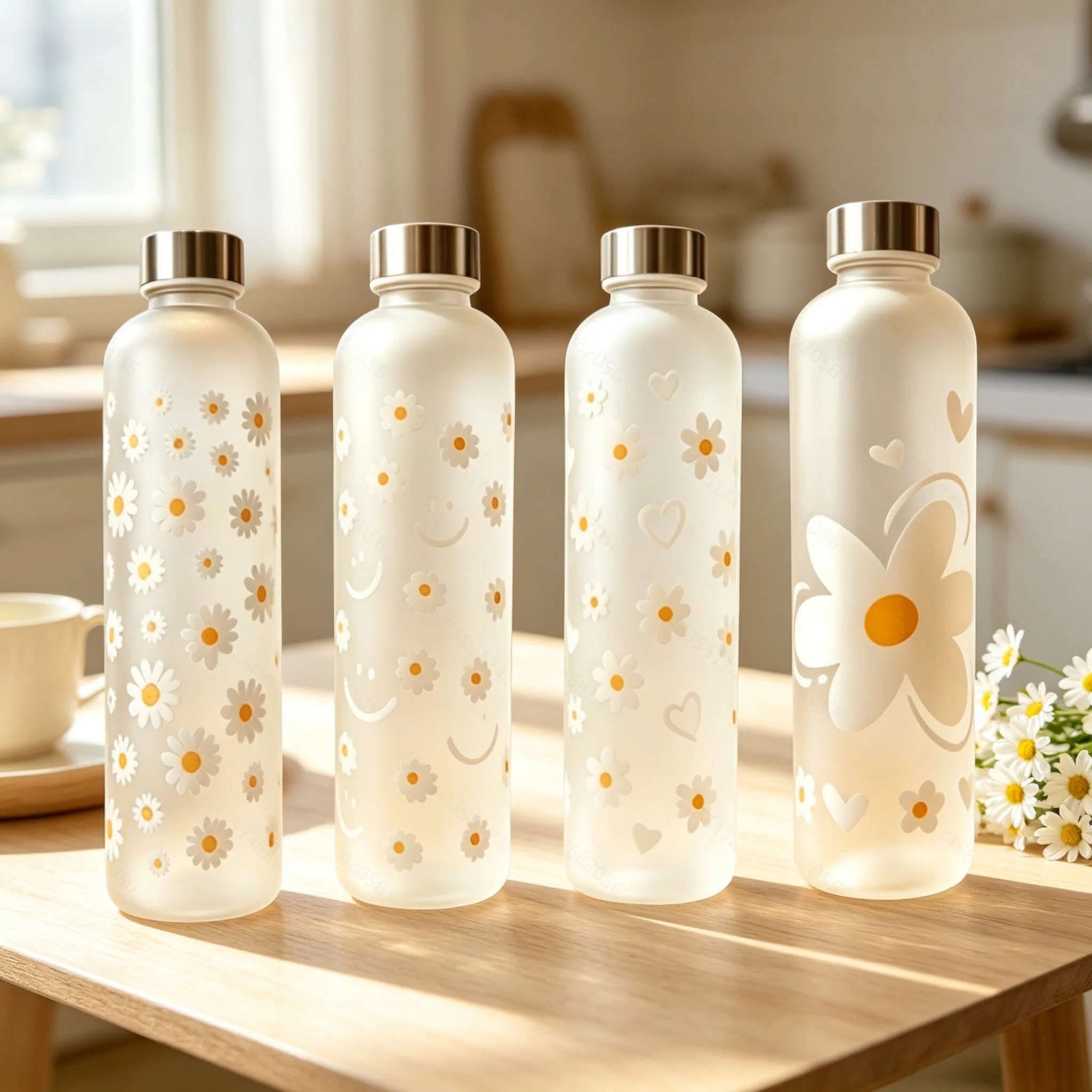 Frosted Matte Plastic Water Bottle with Daisy Heart Smile Print, Screw Metal Lid Portable Water Cup for Outdoor Travel Daily