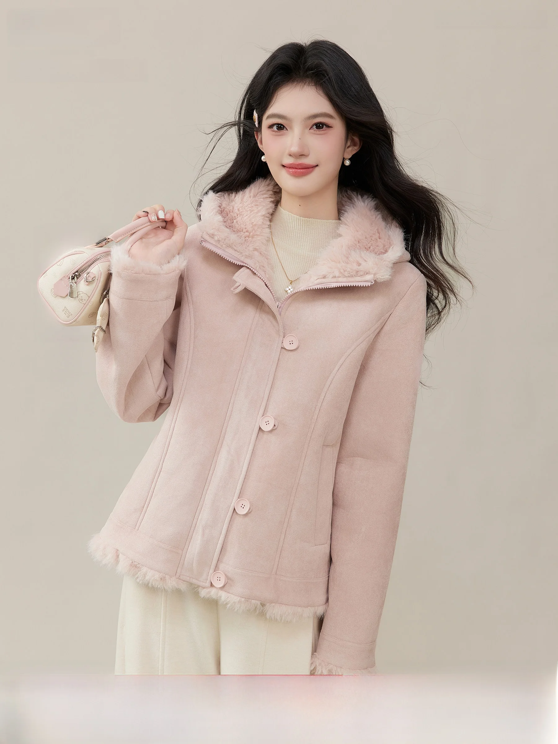 

Утепленная розовая куртка с капюшоном в стиле принцессы, женская зимняя теплая верхняя одежда, дизайн с кисточками Lingjiu, длинный рукав, полиэстер