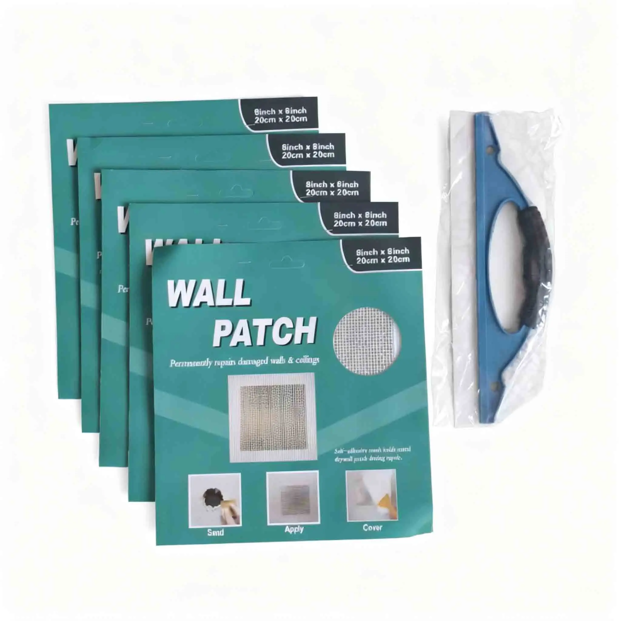 5 szt. 20cm Zestaw do naprawy płyt gipsowo-kartonowych Siatka z włókna szklanego do naprawy pęknięć Samoprzylepne łatki do naprawy ścian ze skrobakiem i papierem ściernym do ścian