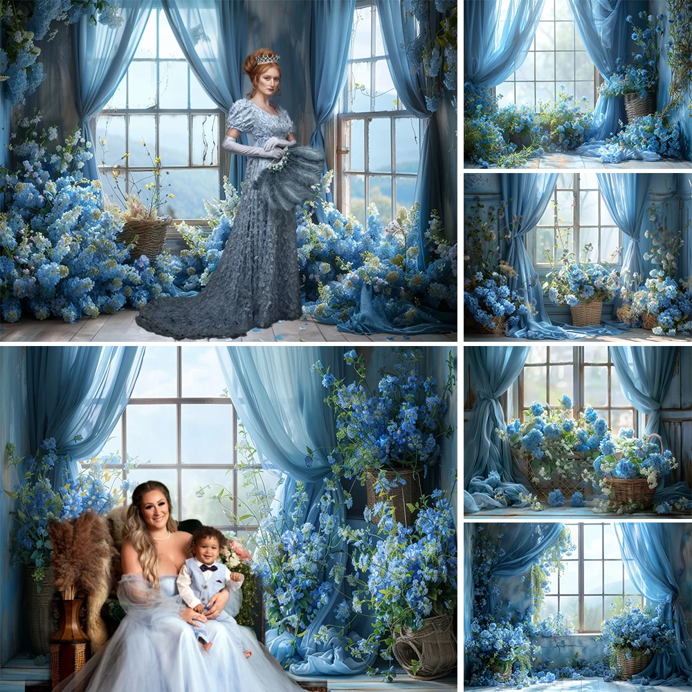 

Photography Background Blue Flower Room Decor Girl Birthday Wedding Party Backdrop Window Curtains Booth Maternity Photo Studio