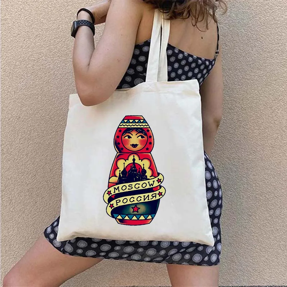 Cute Matryoshka Fabulous Russian Nesting Doll Soviet Cartoon Girl Women Canvas Shoulder Tote Bag Shopper Cotton Shopping Handbag