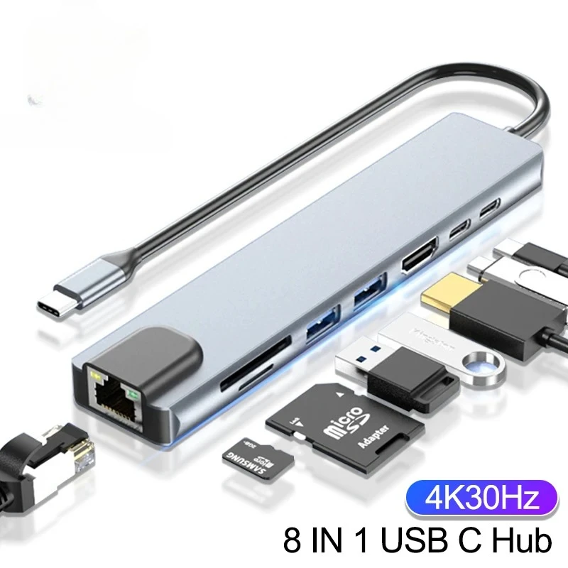 SD Card Reader PD Fast Charger for Macbook 8 In 1 USB C Hub Type C Extender HDMI-compatible Adapter Laptop Converter With RJ45