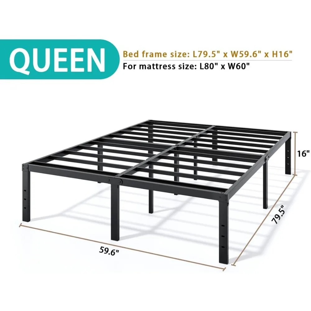 Metalowa rama łóżka typu queen size - wysoka o 16 cali, wytrzymała platforma, nie wymaga stelaża, łatwa w montażu, cicha i stabilna.