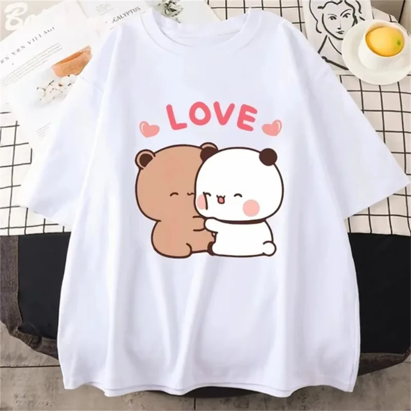 Camiseta LOVE com Estampa de Urso Fofo para Homens, Tops de Casal Bubu Dudu, Camisetas de Verão de Manga Curta para Mulheres, Camisetas Casuais Coreanas