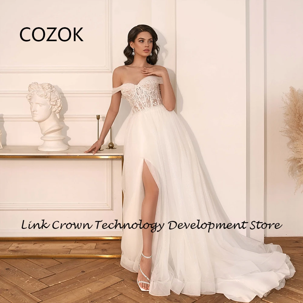 

COZOK Simple Ivory Wedding Dresses for Princess A Line Side Slit Bridal Gowns with Lace 2024 Sweep Train Vestidos De Novia New