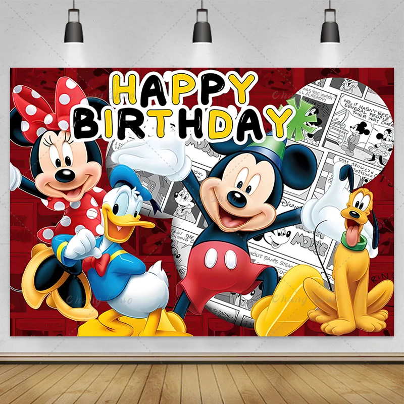 Disney Cartoon Mickey Minnie Mouse Donald Duck Happy Birthday Backgrounds Decors Vinyl Cloth Party Backdrops Baby Shower Banner