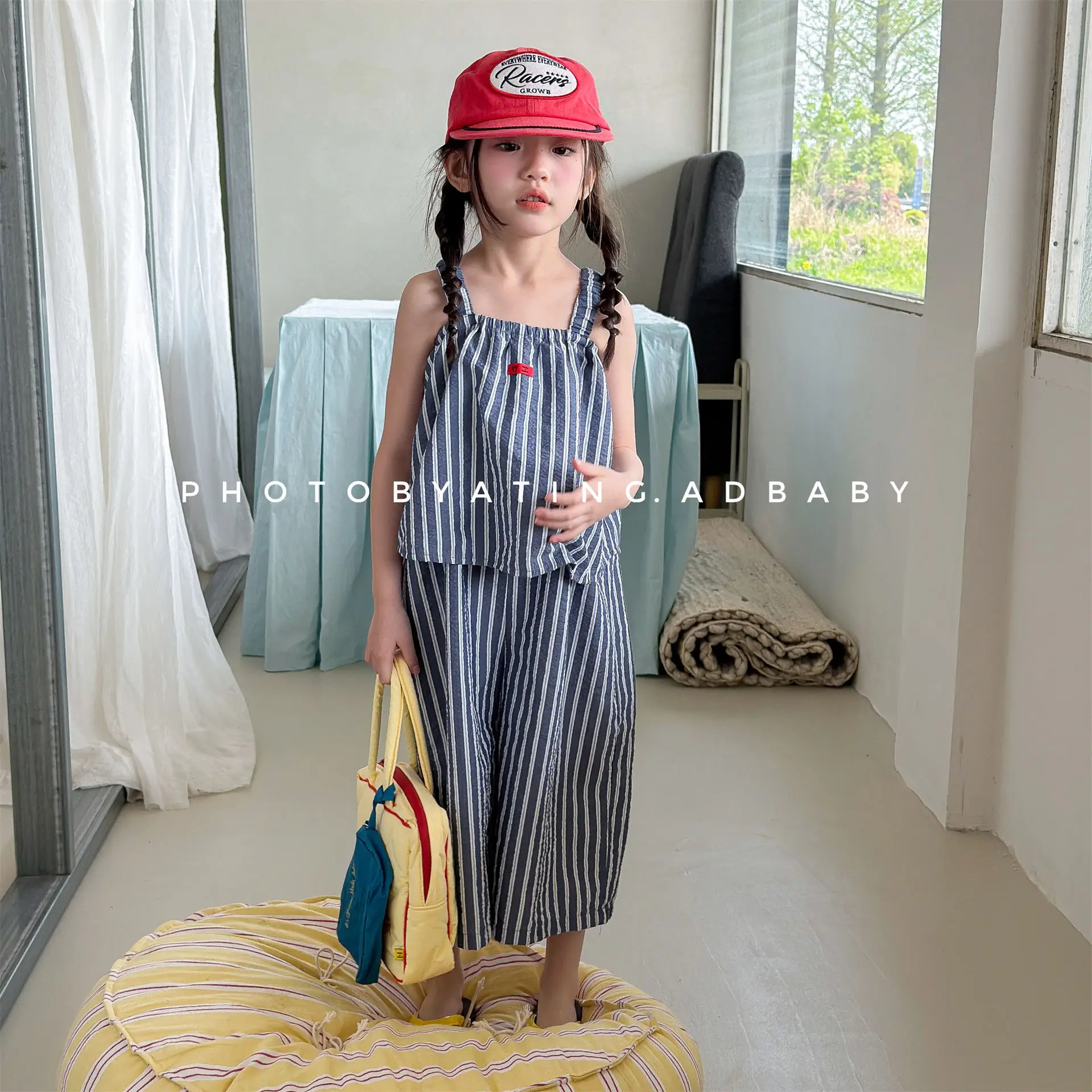 

2026 Summer New Girls Loose Sling Trousers Kids Sleeveless Jumpsuit Kids Girls Striped Playsuit Cotton Baby Casual Overalls