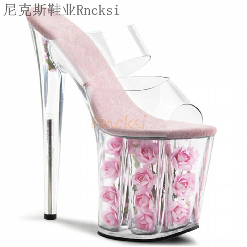 

Rncksi 20CM clear crystal sandals super high heel thin heel flower waterproof platform sky high nightclub model sexy appeal