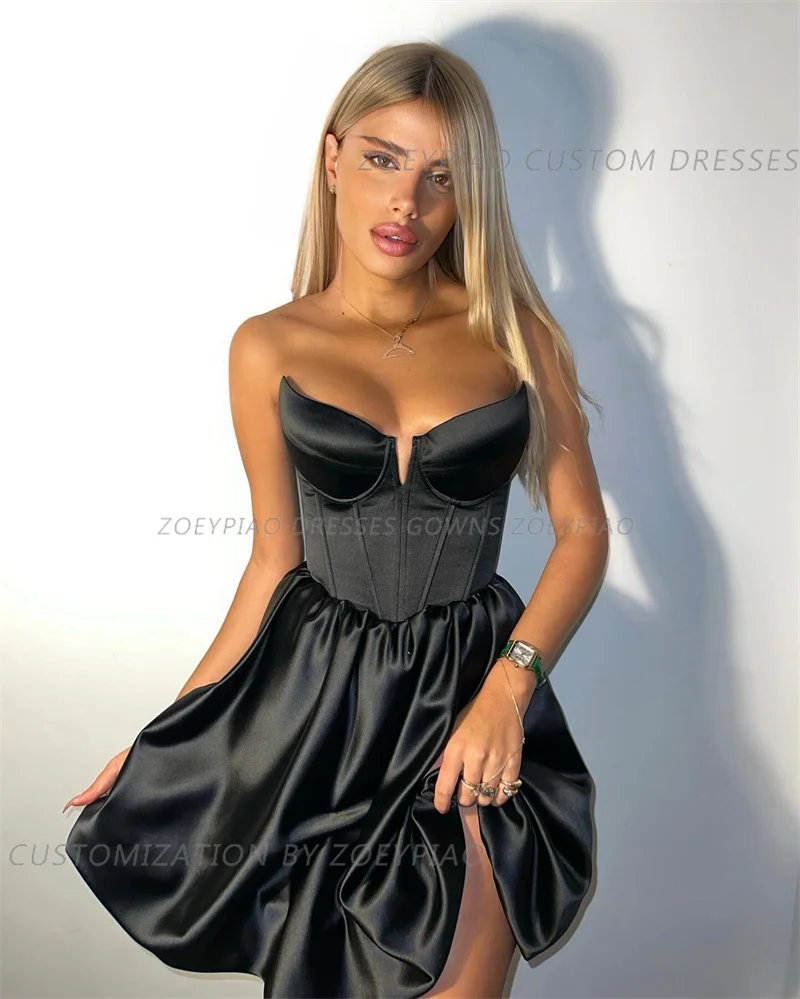 Vestido de noche corto de satén negro con abertura, vestido de lujo para fiesta de Gala, vestido de noche de cóctel largo, Sexy