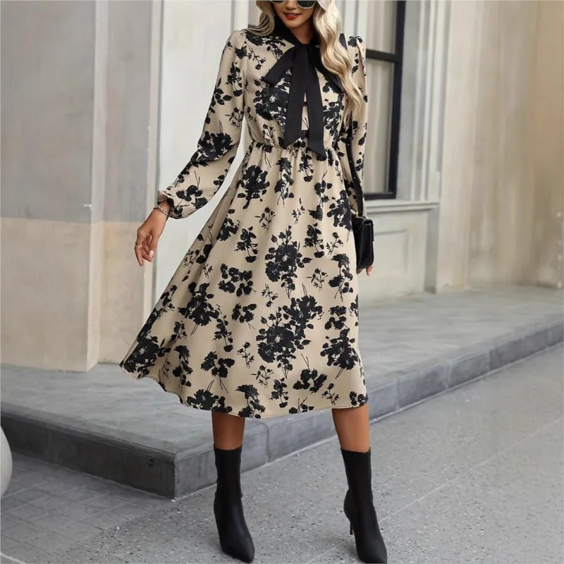 ชุดเดรสลายดอกไม้ แขนยาว คอผูกโบว์ สำหรับผู้หญิง ฤดูใบไม้ผลิ ฤดูใบไม้ร่วง ทรงเอไลน์ ชุดเดรสออกงานหรูหรา