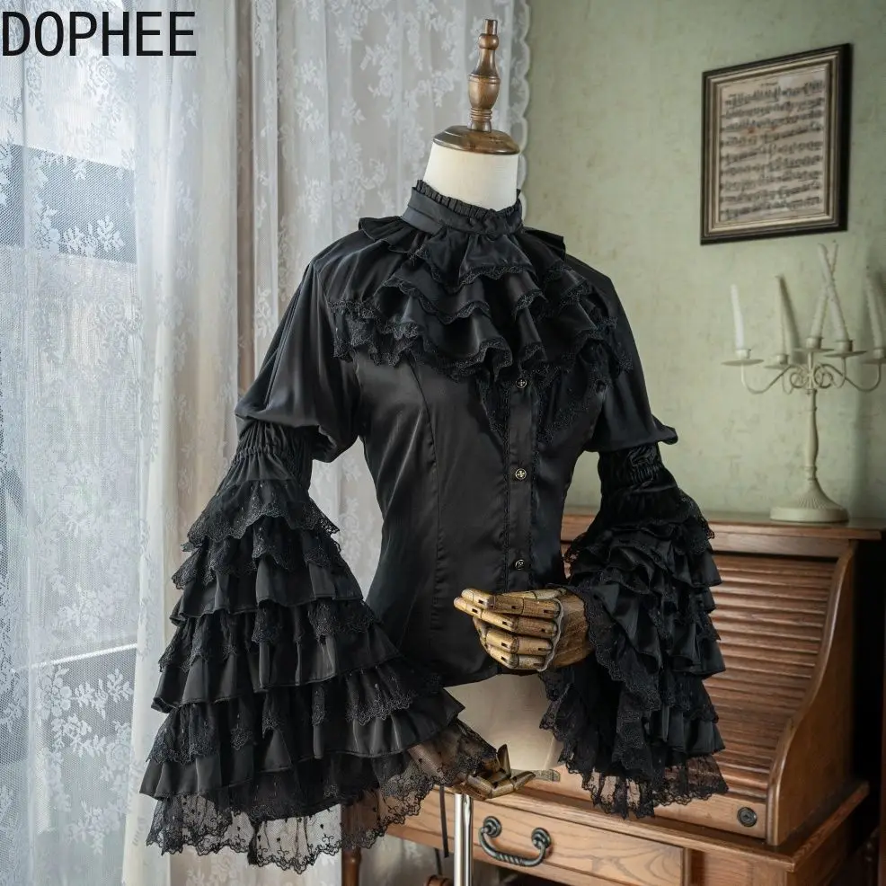 

Original 2025 New Autumn Dark Gothic Lolita Shirts Elegant Stand Collar Flare Sleeve Lace Top Solid Color Y2k Female Blouses