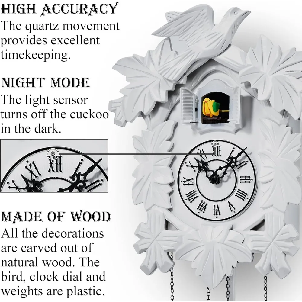 Reloj de cuco blanco tallado a mano con modo nocturno, péndulo oscilante y decoraciones detalladas para elegancia de cronometraje