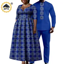 African Print Long Dresses for Women Matching Couple Outfits Dashiki Men Top Shirt and Pant Sets Y23C106