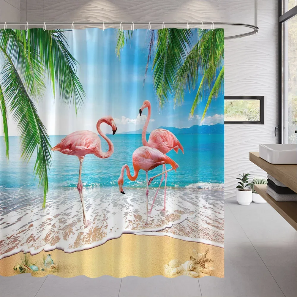 Outdoor Shower Curtain Palm Tree Forest Landscape Shower Curtains Tropical Parrot Flamingo Plant Hanging Curtain Bathroom Decor