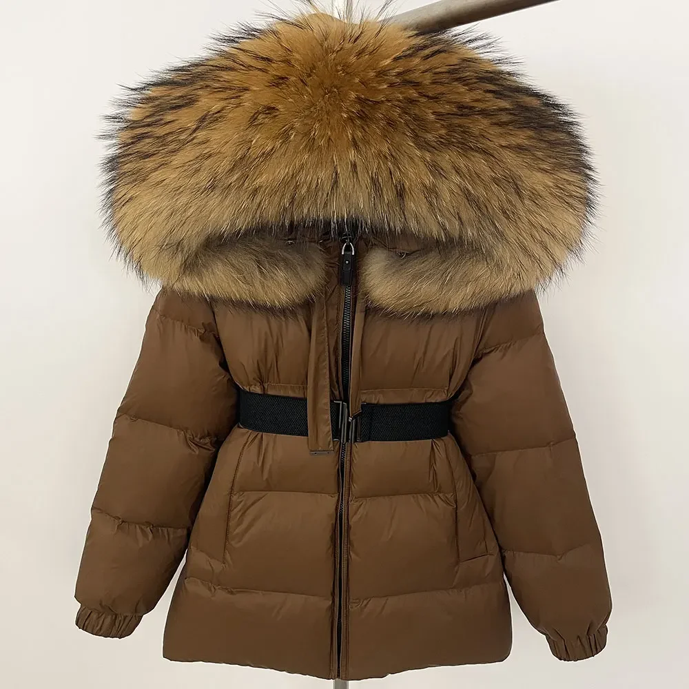 2024 Short Puffer Jacket Women 90% Duck Down Coat Winter Female Feather Parkas Waterproof Huge Real Raccoon Fur Hooded Jacket