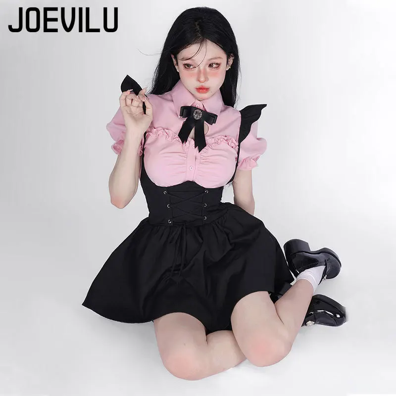 Japanese Strap Skirt Set Lovely Fly Sleeved Shirt with Bow Tie Bandage Black Mini Skirts 2 Piece Sets Babes Kawaii Y2k Outifits