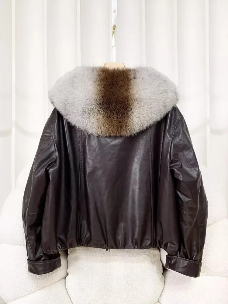 Winter New Warm Women Genuine Leather Goose  Down Coat Luxury Fox For Collar Sheepskin Jacket Loose Fit Ladies Casual Outerwear