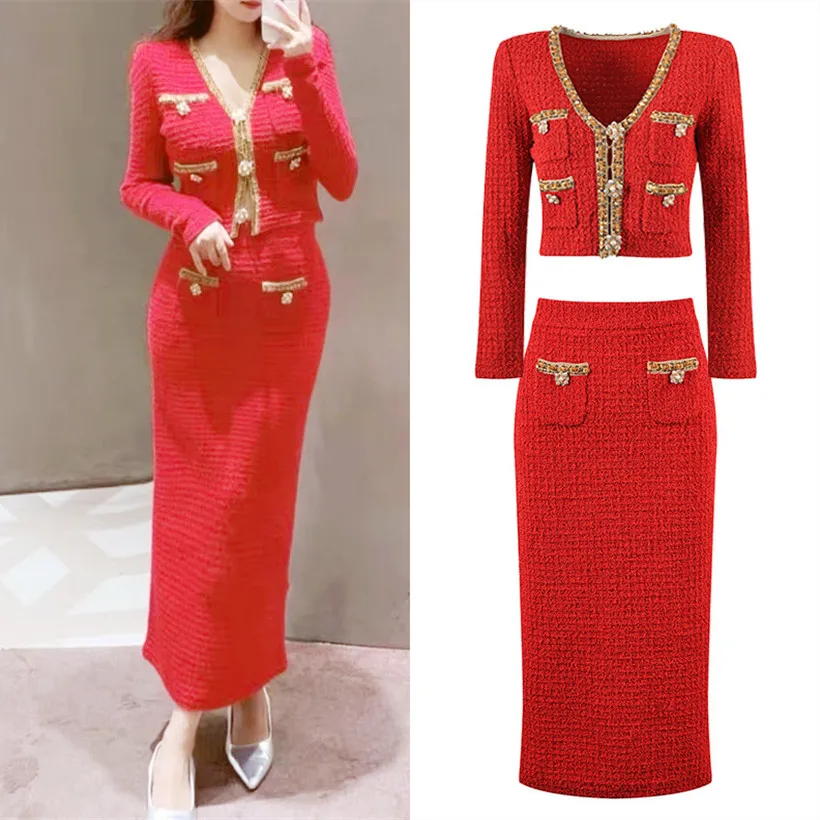 

Высококачественный новогодний комплект Cisas SE Home, красная вязаная куртка с золотой отделкой, обернутая вокруг юбки, модный комплект средней длины для женщин