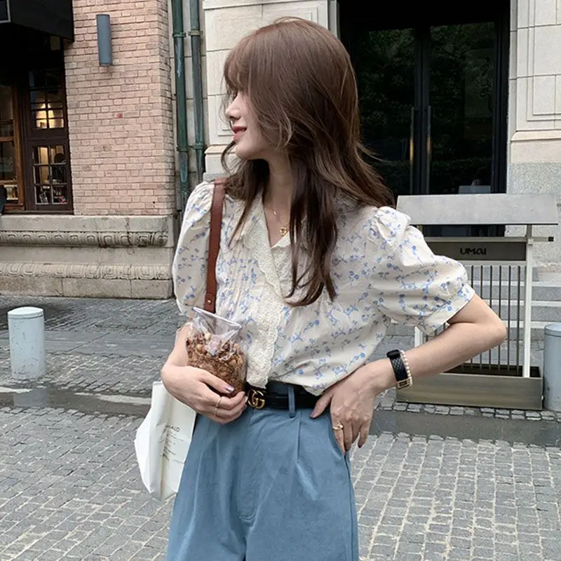 Printed Shirts Women Summer Prairie Chic Short-sleeve Literary Sweet Ulzzang Vintage Ins Delicate Office Lady Gentle Aesthetic