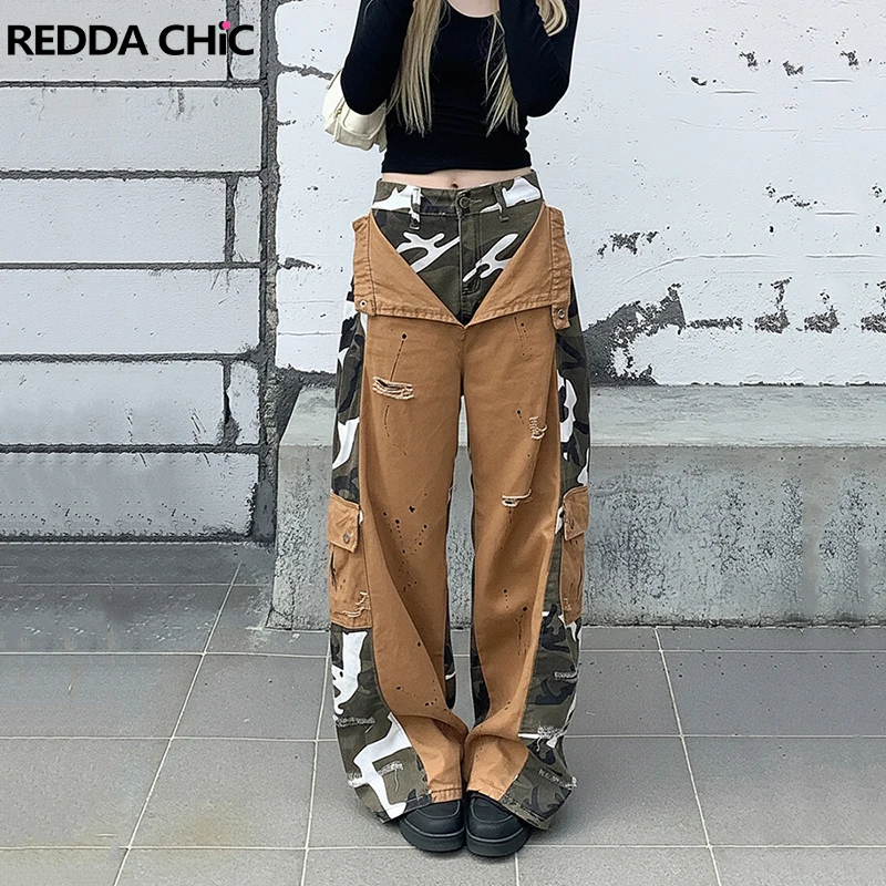 REDDACHiC Patchwork Camouflage Jeans for Woman Vintage Destroyed Pockets Low Waist Wide Leg Pants Boyfriend Harajuku Streetwear