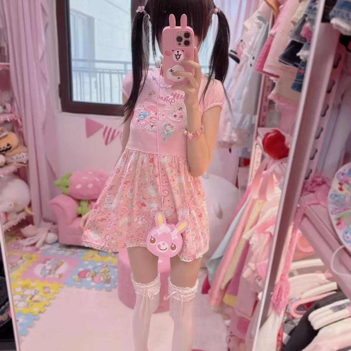 

Japan Kawaii Y2K Cartoon Rabbit Print Lolita Dresses Women Harajuku Pink Bow Short Sleeve Dress Party Cute Cotton Mini Dress